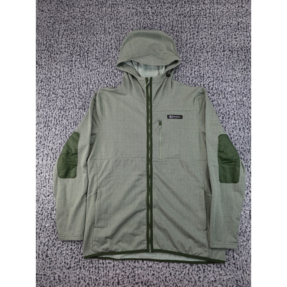 Flylow Grid Fleece Hoodie Mens Large Sage Green Good Full Zip Elbow Patches